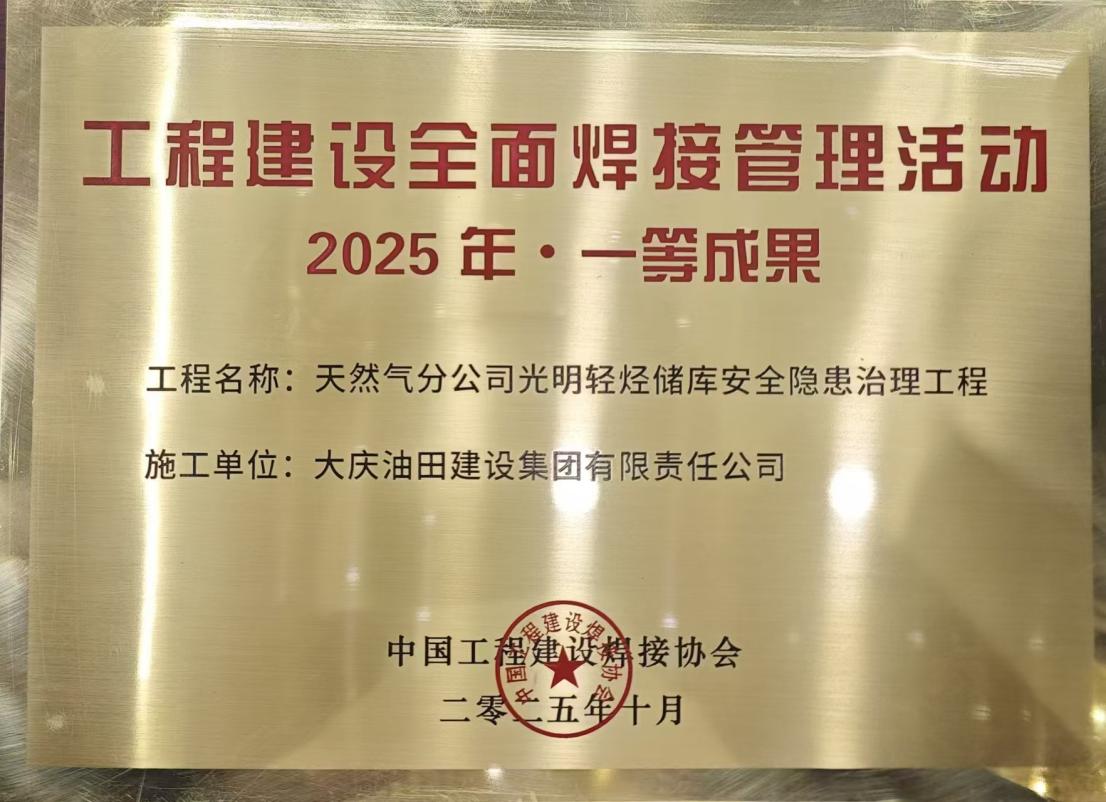 天然气光明轻烃储库安全隐患治理工程奖牌